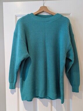 Vintage Linda Lundstrom Teal Knit Sweater Oversized Chunky Ribbed Pullover S